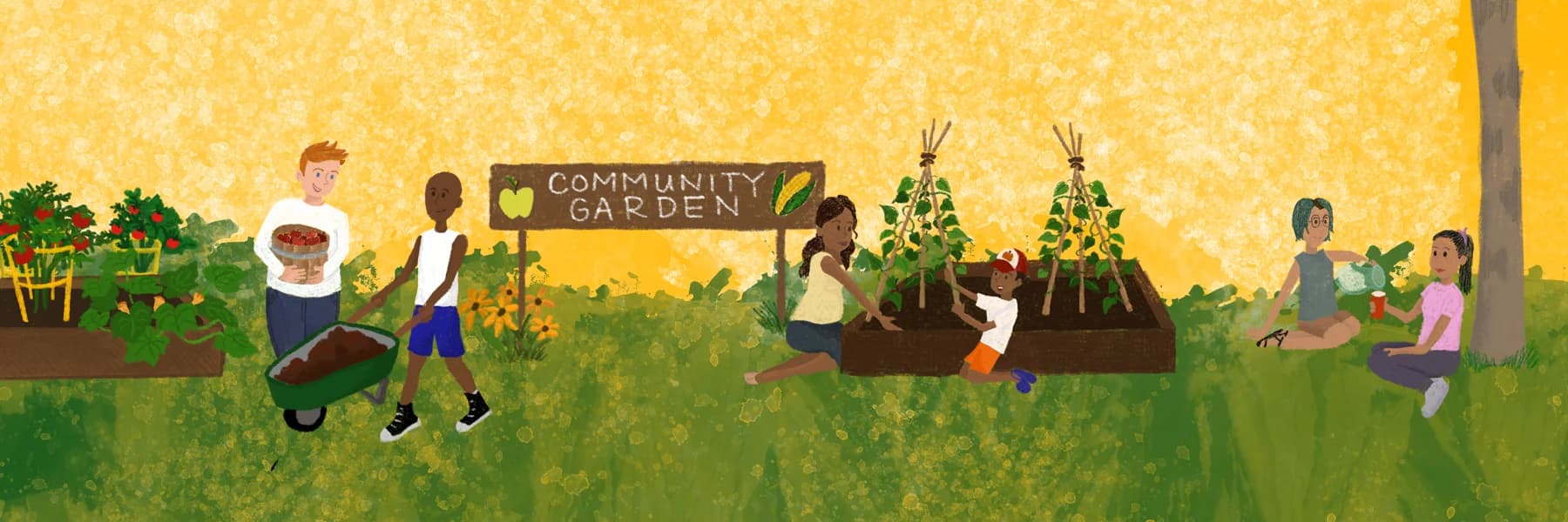 Neighbors working together in a community garden